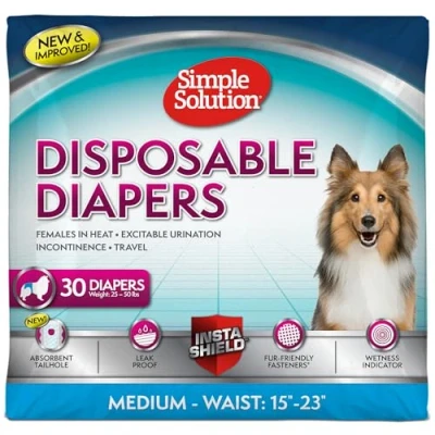 Image de Simple Solution True Fit Lot de 30 couches jetables pour chiennes Super absorbantes avec indicateur d&#039;humidité taille M (tour 38,1 à 58,4 cm)