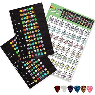 Image de Autocollants pour touche de guitare, décalcomanies à code couleur avec tableau d&#039;échelle d&#039;accords guitare débutants et apprenants s&#039;entraîner la acoustique 6 cordes