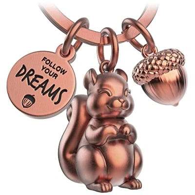 Image de FABACH Porte clés écureuil Skippy avec gravure mignon bonheur Cadeau de motivation pour petite amie Follow Your Dreams, or rose antique, Taille unique, Décontracté