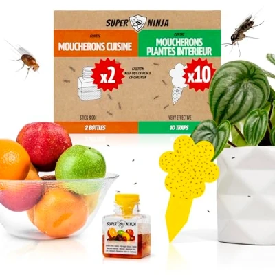 Image de Super Ninja Autocollants Jaunes et piège à Mouches Fruits 10 2 pièges Lutte Contre Les concasseurs Facile Utiliser