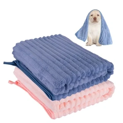 Image de TAIYUNWEI Lot de 2 serviettes super absorbantes en microfibre pour chiens, chats et autres animaux compagnie (rose + bleu) 100 x 70 cm