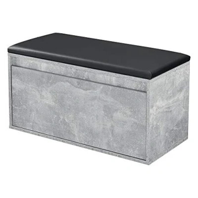 Image de [en.casa] Banc à Chaussures Design avec Tiroir Meuble d&#039;Entrée Siège Rembourré Range Stylé pour 3 Paires Panneau de Particules PU 80 x 39 45 cm Effet Béton Noir