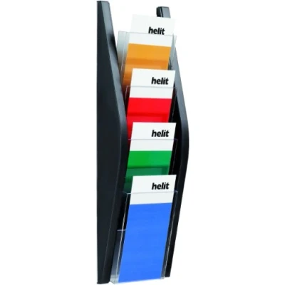 Image de Helit Porte Brochure Mural 1/3 A4 Portrait 4 Compartiments Noir