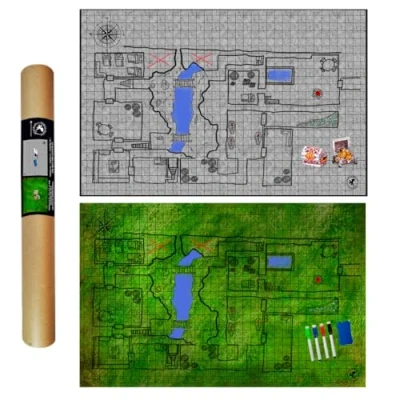 Image de POWER BEAST Dungeon 2X Grid Game Mat + 4 Marqueurs et Gomme 2 Coffres au trésor, Accessoire pour Jeu de Rôle, D&amp;D, Donjons Dragons, Dungeons and Pathfinder.