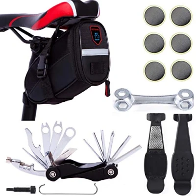 Image de Cozyroomy Kit de Réparation Outil Vélo Multifonction 10 en 1 avec Chaîne, Sac Selle, Levier Pneu et Patch pour Tube Auto adhésif (Outil 17 Noir)