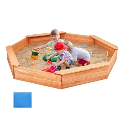 Image de VEVOR bac à sable en bois avec couvercle, 1920 x 230 mm, octogonal 4 sièges et doublure inférieure, pour jardin extérieur, plage, parc, cadeau garçons filles de 3 12 ans