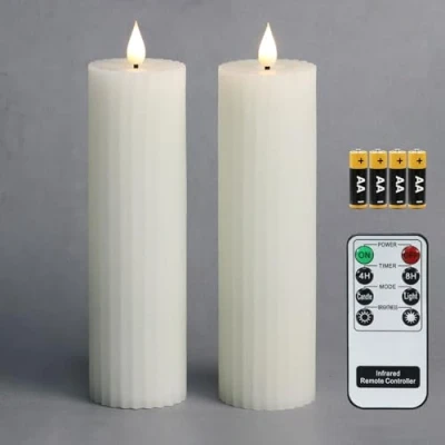 Image de Fanna Lot de 2 bougies piliers à LED blanches piles, sans flamme, rayures pour Noël, piles et télécommande incluses 20,5 cm