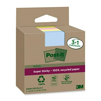 Image de Post it Super Sticky Notes entièrement recyclées, 3+1 Blocs GRATUITS, 70 Feuilles par Bloc, 76 mm x mm, Rose, Vert, Jaune, Bleu Extra collantes Fabriquées à partir de Papier 100 % Recyclé