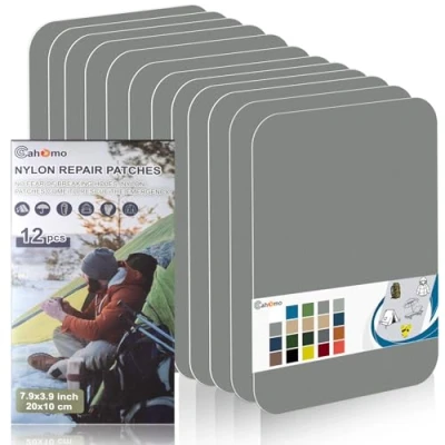 Image de Patch en nylon autocollant, Cahomo 12 Pièces 20X10 cm de réparation imperméable tissu autocollant reparation, pour veste, tentes, doudoune, sac couchage, sacs à dos Gris