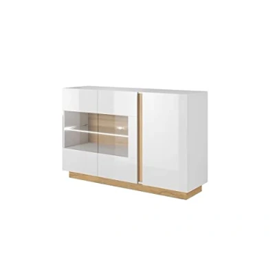 Image de Vente unique Buffet MURARI 3 Portes avec LEDs Blanc Brillant et chêne