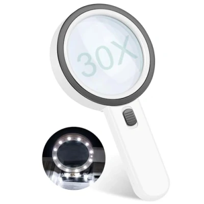 Image de Loupe de Lecture 30X avec 13 Lumières LED Grossissante à Main pour Lecture, Bijoux, Timbres, Pièces Monnaie, Artisanat et Travaux Manuels Idéale Seniors Malvoyants