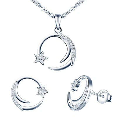 Image de Yumilok Ensemble de bijoux collier et boucles d&#039;oreilles, pendentif étoile boucle d&#039;oreilles en argent 925 pour femme fille, lune clou lune, Zircon incrusté