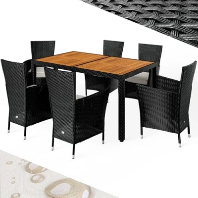 Image de Casaria® Ensemble Salon de Jardin 7 pièces polyrotin Noir Set 1 Table + 6 chaises avec Coussins Bois d&#039;acacia Exterieur