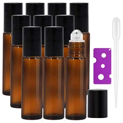 Image de JamHooDirect Lot de 10 flacons à bille en verre ambré rechargeables ml pour huiles essentielles avec billes acier inoxydable (comprend 1 décapsuleur et 12 étiquettes)