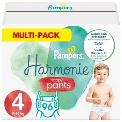Image de Pampers Harmony Pants Größe 4 (9 15kg) 0% Kompromiss, 100% Saugfähigkeit, pflanzliche Inhaltsstoffe, leicht zu wechseln, 96 Windeln (4x24er Pack)