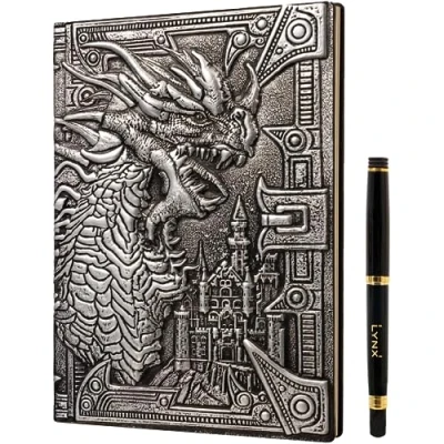 Image de Carnet de Notes/Journal DND, Notebook Unique 200 Pages avec Dragon en Silver 3D Relief sur Faux Cuir pour Donjons et Dragons/Dungeons &amp; Dragons/D&amp;D. Cadeau Accessoires JdR MJ