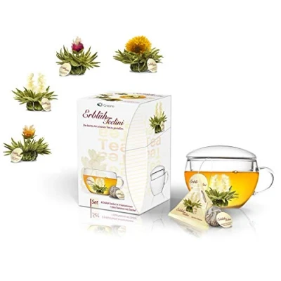 Image de Creano Set cadeau &quot;Fleurs de thé en format tasse&quot; 8 fleurs dans 4 sortes différentes (thé blanc) y compris verre à (200ml)