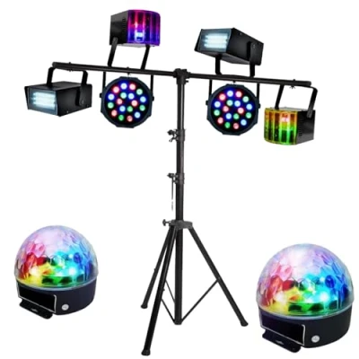 Image de IBI Ensemble de 8 jeux lumière compacts et puissants + 1 portique acier robuste idéal soirée dansante PA DJ SONO MIX LED