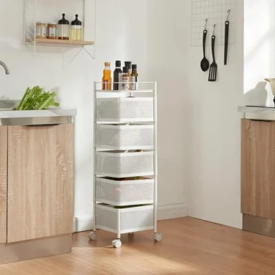 Image de [en.casa] Chariot de Service à 5 Niveaux Desserte roulettes avec Paniers Dépliables Meuble Rangement pour Cusine Salle Bain Bureau Acier 95 x 27 cm Blanc