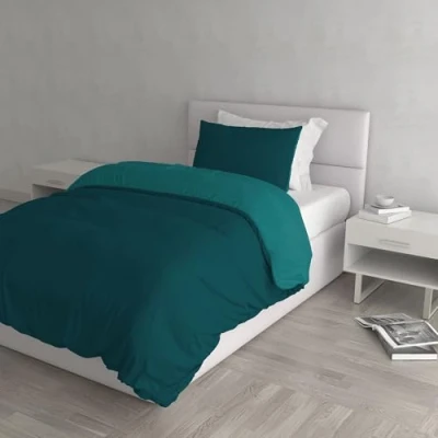 Image de Italian Bed Linen CP NC Petrolio/Verde bottiglia 1PM Natural Color housse de couette double face couleur unie avec taies d&#039;oreiller, 100 % Coton, pétrole/Vert Bouteille, Small
