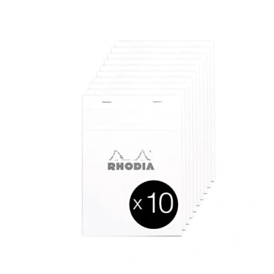 Image de RHODIA 16201Cpack Bloc Notes Agrafé N16 White A5 Petits Carreaux 80 Feuilles Détachables Papier Clairefontaine Blanc g/m² Couverture en Carte Enduite Paquet de 10 blocs