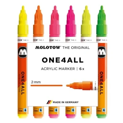 Image de Molotow One4All 127HS Lot de 6 marqueurs acryliques fluo (épaisseur trait 2,0 mm, couvrant et permanent, séchage rapide, rechargeables, pour presque toutes les surfaces)