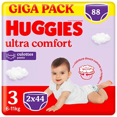 Image de HUGGIES ultra Comfort Culottes bébé Taille 3 (6kg 11kg) 2 paquets de 44 couches ceinture douce absorbtion rapide sans parfum ni chlore latex facile à mettre et enlever