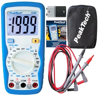 Image de PeakTech 1035 Multimètre Numérique RMS CAT III avec Voyant Lumineux, Testeur de Batterie, Voltmètre, Portatif, Ampèremètre Électronique, Continuité Max. 600 V