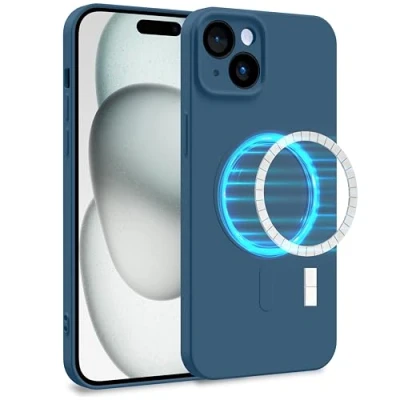 Image de MyGadget Coque Silicone [ Compatible avec MagSafe ] Apple iPhone 15 Plus Case TPU Souple &amp; Soft Doublure Microfibre Cover Protection Bleu Foncé