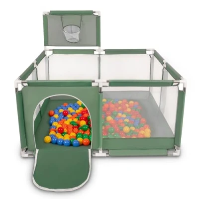 Image de Selonis Parc Bébé Avec 100 Balles Plastiques Aire De Jeu Pliable Basket, Vert : Jaune/Vert/Bleu/Rouge/Orange