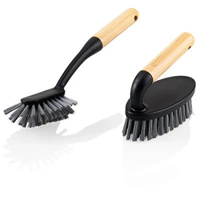 Image de COM FOUR® Kit de nettoyage en 2 parties brosse à récurer et vaisselle bambou plastique pour le ménage main (02 pièces. noir/bambou)