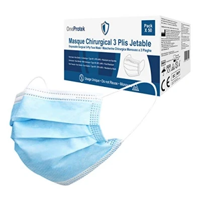 Image de 50 Masque chirurgical jetable OneProtek 3 Couches Type 2R IIR Médical Certifiés CE EN14683 Confortables et élastiques résistants