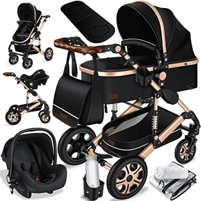 Image de KESSER® poussette combinée 3en1 Set incl. baignoire bébé siège sport &amp; auto pour Pneus pleins en caoutchouc Sac à langer Protection pluie Table enfant ECE R129 noir/champagne
