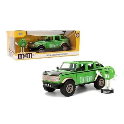 Image de Jada Hollywood Rides M&amp;M&#039;S Ford Bronco 2021 avec figurine en métal vert Voiture moulée sous pression portes qui s&#039;ouvrent, échelle 1:24, à partir de 8 ans, jouet collection pour