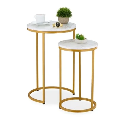 Image de Relaxdays Table dappoint en lot de 2 (dimensions différentes) mélange matériaux pour le salon blanc et doré