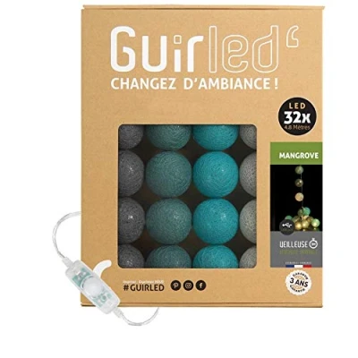Image de GuirLED Guirlande lumineuse boules coton LED USB Veilleuse bébé 2h Adaptateur secteur double 2A inclus 3 intensités 32 3.2m Mangrove