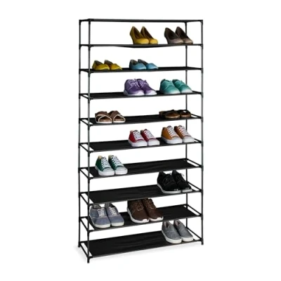 Image de Relaxdays Rangement à Chaussures, 10 Niveaux, Structure métal &amp; Niveaux en Tissu, pour l’entrée, Noir