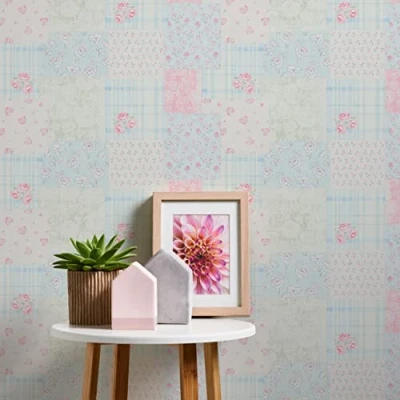 Image de A.S. Création Maison Charme 390661 Papier peint intissé Motif fleurs Bleu/rose/blanc/vert/patchwork 10,05 m x 0,53 Fabriqué en Allemagne