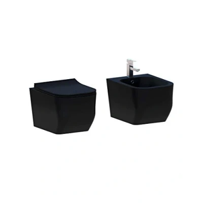 Image de Couple de sanitaires suspendu Rimless sans bride, gamme New Edge couleur noire mat avec abattant soft close inclus