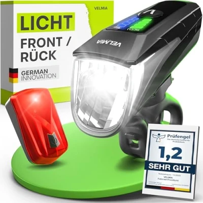 Image de Velmia lumière vélo [Set] Éclairage LED avec autonomie de 8,5h &amp; 3 nveaux luminosités; Rechargeable par USB; Affichage du Niveau la Batterie; Montage sans Outillage