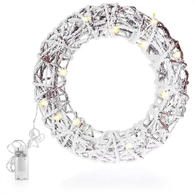 Image de com four® Couronne de Noël à LED Artificielle avec Neige, Porte d&#039;hiver Blanche éclairage et minuterie, décorative 20 Blanc Chaud (01 pièce Couronne)