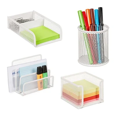 Image de Relaxdays Organiseur Bureau, 4 pièces, métal, Porte Documents, Compartiment pour Notes, Trombones et stylos, Blanc