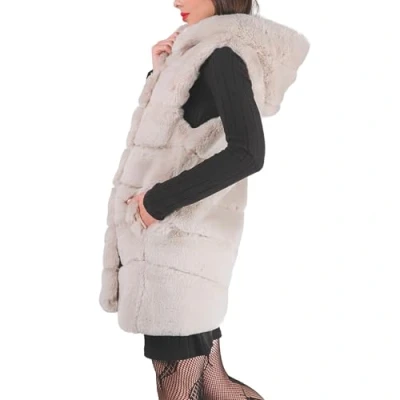 Image de QUEEN HELENA PLC 02 Fourrure sans manches avec poils doux et chauds à capuche d&#039;hiver pour femme, beige, Taille unique