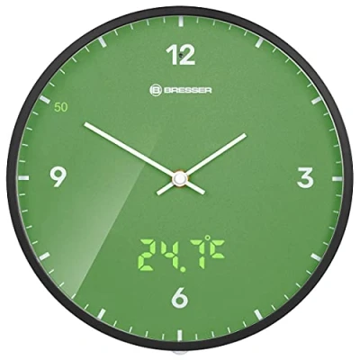 Image de Bresser MyTime LEDsec Horloge Murale Radio pilotée avec Grand Cadran de 24 cm, Affichage des Secondes LED, température intérieure et Mouvement piloté Silencieux, Vert