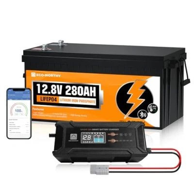 Image de ECO WORTHY Batterie Lithium 12V 280AH Bluetooth avec Chargeur 12/24V 20A 12V, LiFePO4 Protection BMS et Basse température, Max. 15 000 Cycles pour Camping Car, Caravane, Bateau