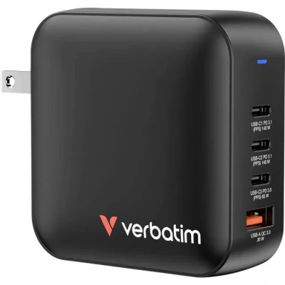 Image de Verbatim Mini GaN Charger Adaptateur de voyage 165 W 1x USB A 3x C® Power Delivery PD 3.1 QC 3.0 noir charge