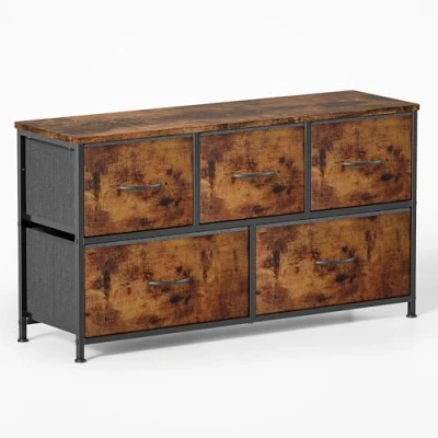 Image de Xbro Commode, Commode avec 5 Tiroirs en Tissu, Meuble de Rangement pour Placards, Dessus Bois et Cadre Métal Chambre à Coucher, Salon, Couloir (Marron Rustique)