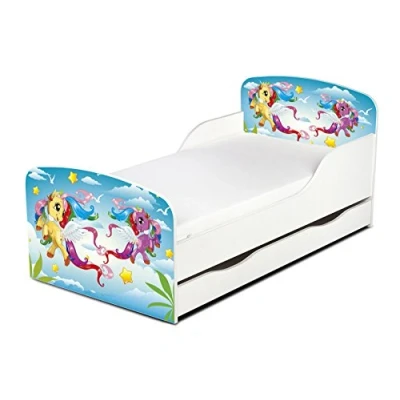 Image de Leomark Moderne Lit d&#039;enfant Toddler avec Matelas et Un Tiroir Couleur Blanc Motif: Pony Chambre pour Les Enfants Meubles Confortable Fonctionnel Simple Zone de Couchage 70/140 cm