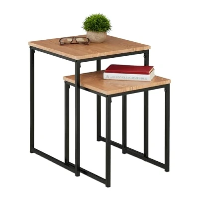 Image de Relaxdays Lot de 2 Tables d’appoint, empilables, Tailles, carrées, métal, pour Le Salon, déco, Marron Clair Noir