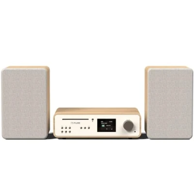 Image de Pure Système de musique stéréo HiFi classique (son 100 W, radio Internet, DAB+/FM, Bluetooth, lecteur CD, USB et Spotify Connect), blanc coton/chêne (blanc coton)